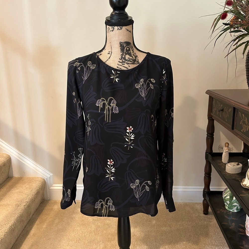 LOFT Black and Gray Long Sleeve Blouse